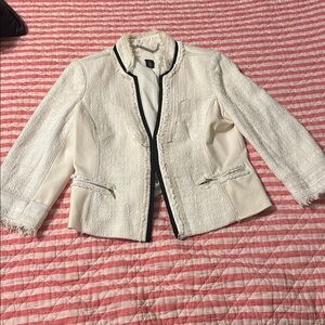White House Black Market Chic White Blazer with Black Trim and White skirt